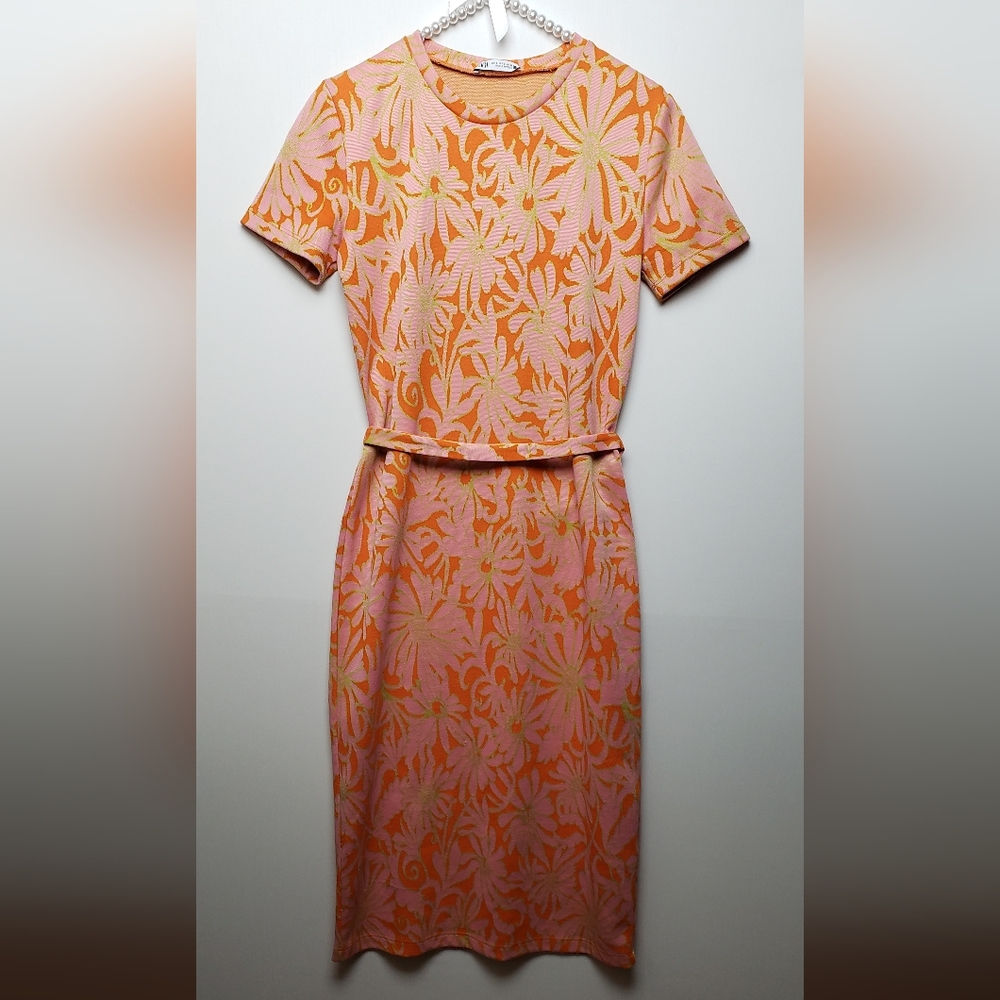 Zara Knit Jacquard Dress Size Small Pink Orange Floral